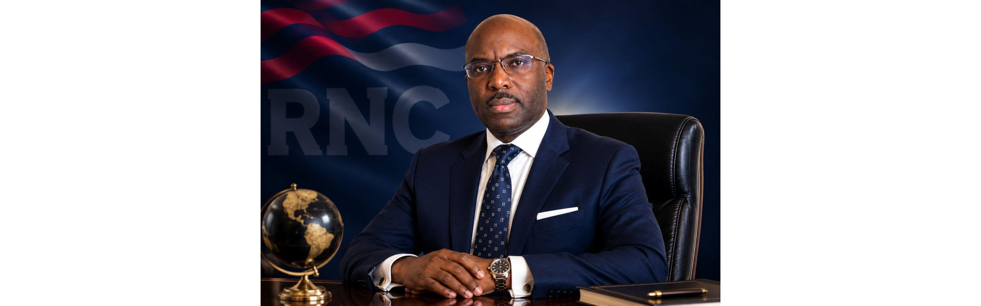 a man sitting in front of a backdrop with the letters "RNC"